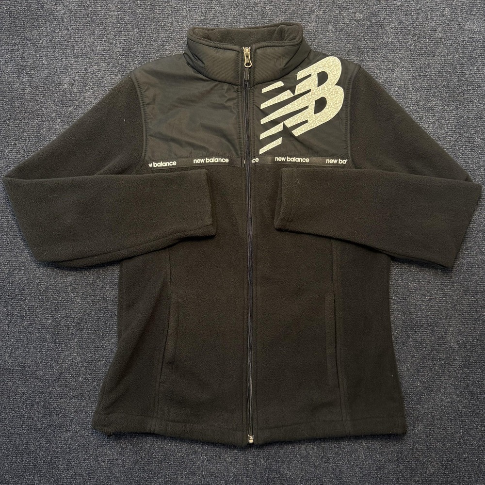 New Balance Fleece Jacket Womens Medium Black Zip Logo Lined Pockets Athletic